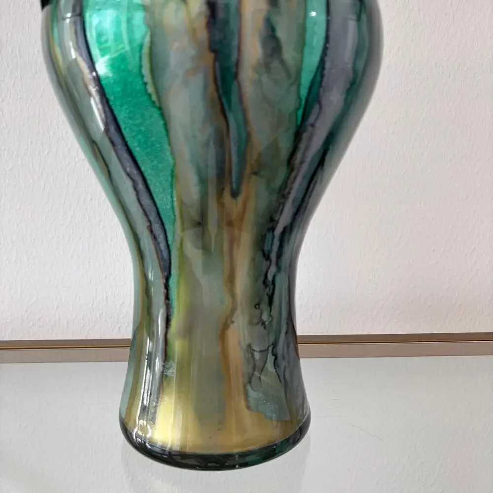 Italian Murano Art Glass Vase 14.5in Green Blue Gold Glitter Swirl Hand Blown